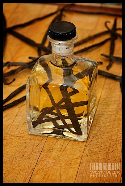 Handcrafted Pure Vanilla Extract In Square Glass Jar With Vanilla Beans On Day One, Light In Color.