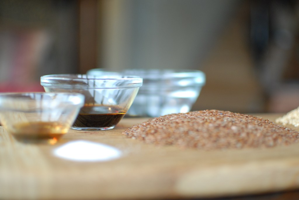Ground flax seeds, sesame seeds, water, tamari, salt and sesame oil on caramelizelife.com